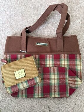 Longaberger Brown, Red & Green Plaid Tote with Matching Wallet